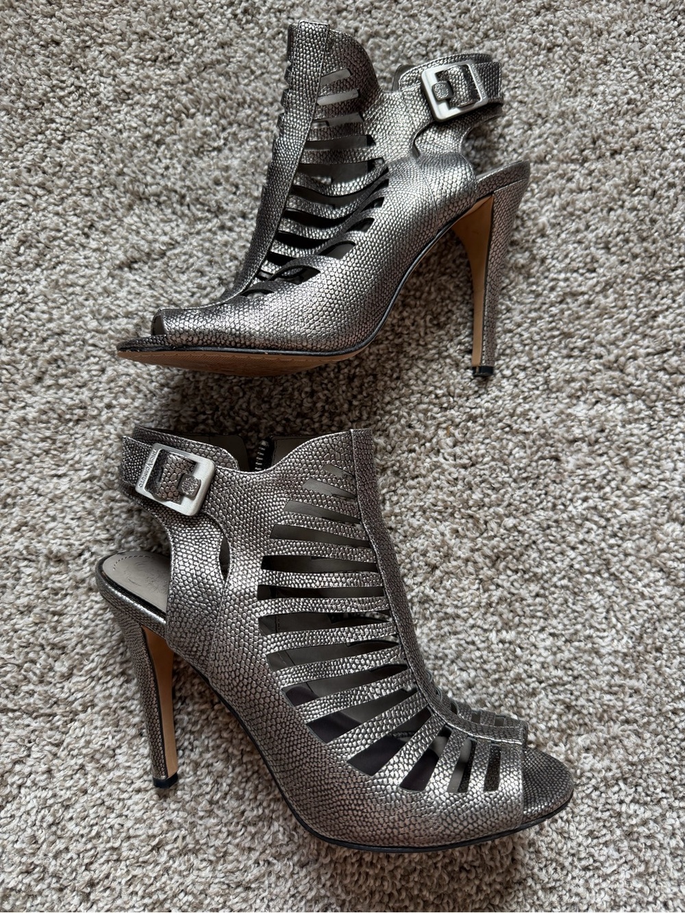 Women’s Vince Camuto Aphrodite steel textured peep toe heels
